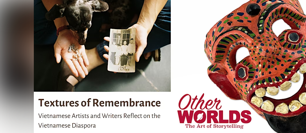 Hands holding an old photograph on the left, red painted mask and the words "Other Worlds: the art of storytelling" on the right 