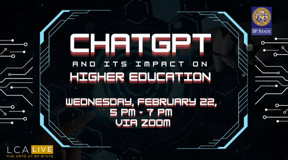 Futuristic styled graphic stating "Chat GBT and its Impact on Higher Education" 