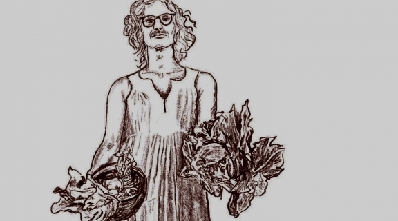 Drawing of a figure wearing glasses and a loose fitting clothing holding a basket and plants